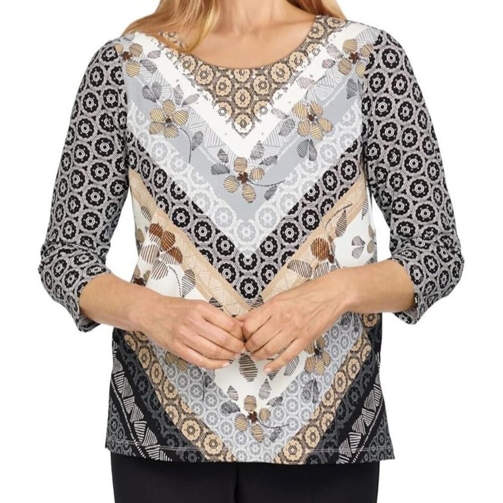 Alfred Dunner Women's PLUS Size 3X Studded Chevron Floral 3/4 Sleeve T-Shirt Top